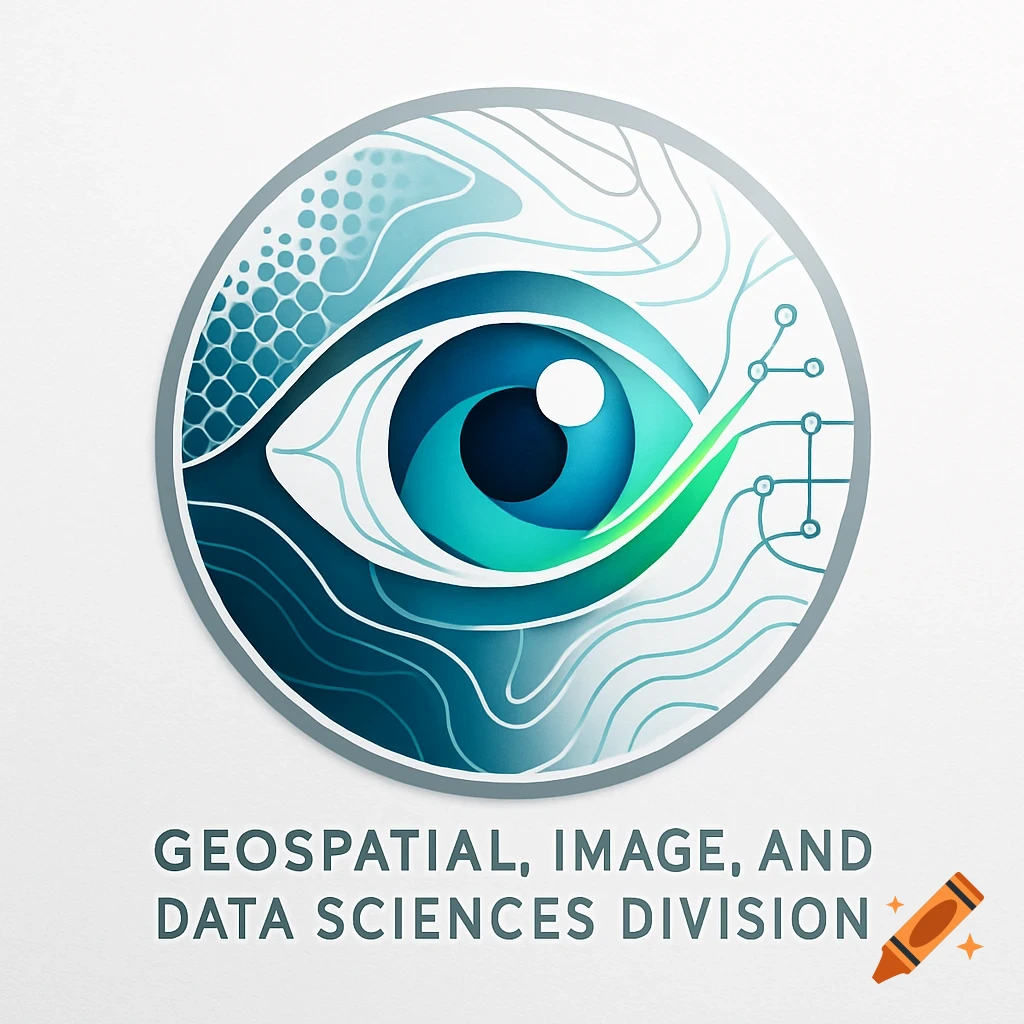 A circular logo featuring a stylized blue and green eye surrounded by abstract patterns, with text 'GEOSPATIAL, IMAGE, AND DATA SCIENCES DIVISION' below.