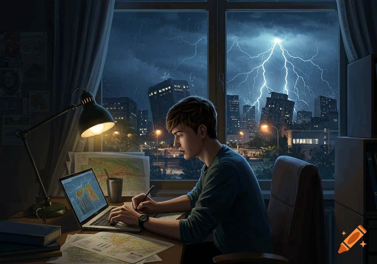 A student works on a laptop at a desk with maps, looking out a window at a city experiencing a lightning storm and earthquake.