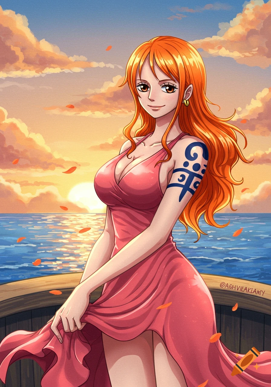 Anime character Nami from One Piece in a pink dress stands on a boat at sunset, with orange clouds and a calm blue sea.