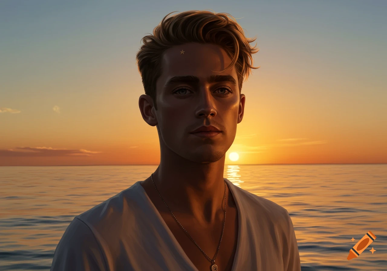Photorealistic portrait of a young man with blonde hair, looking forward, against an ocean sunset.