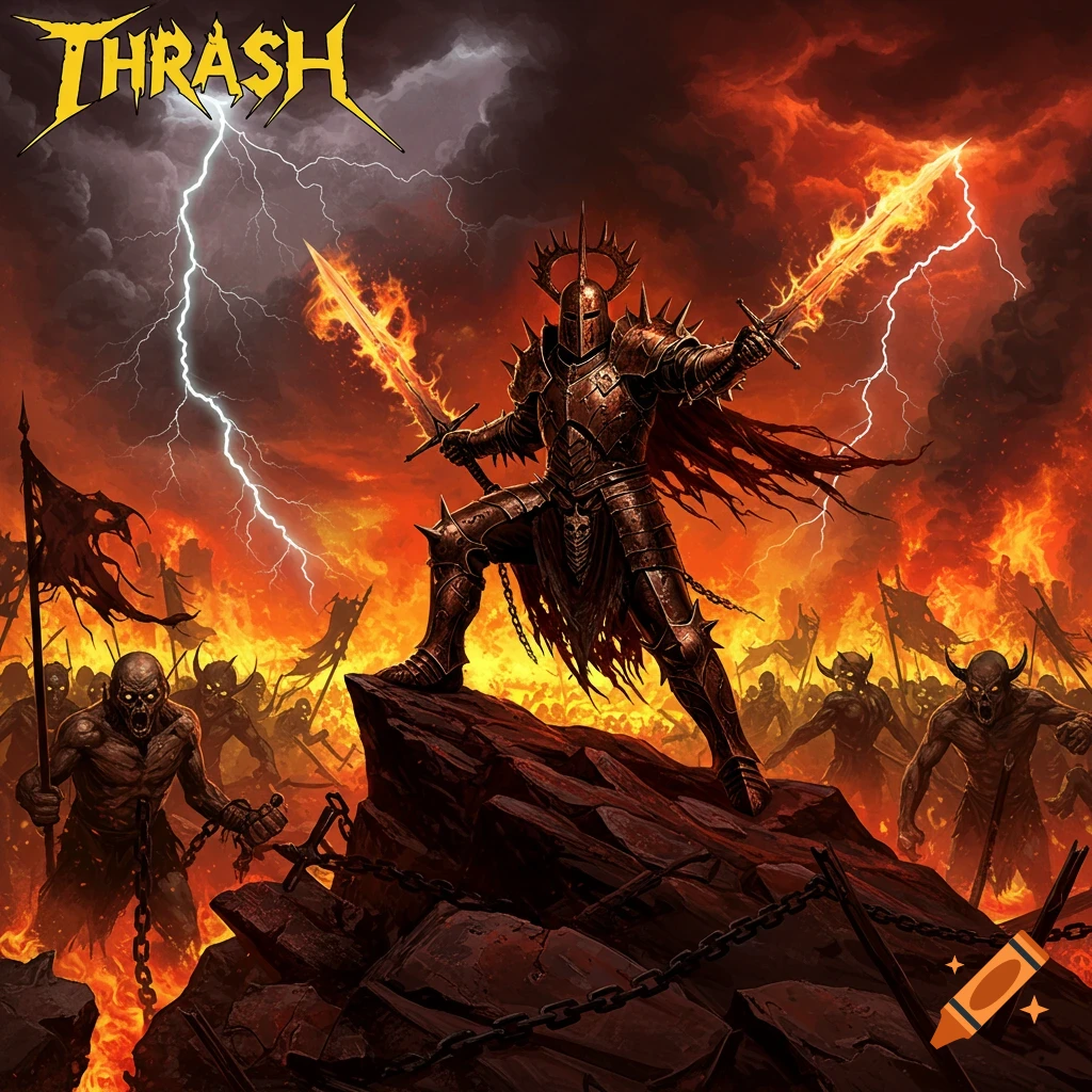 Dark fantasy art of a demonic knight with flaming swords leading an army of creatures in a fiery, lightning-filled landscape. Text 'THRASH'.