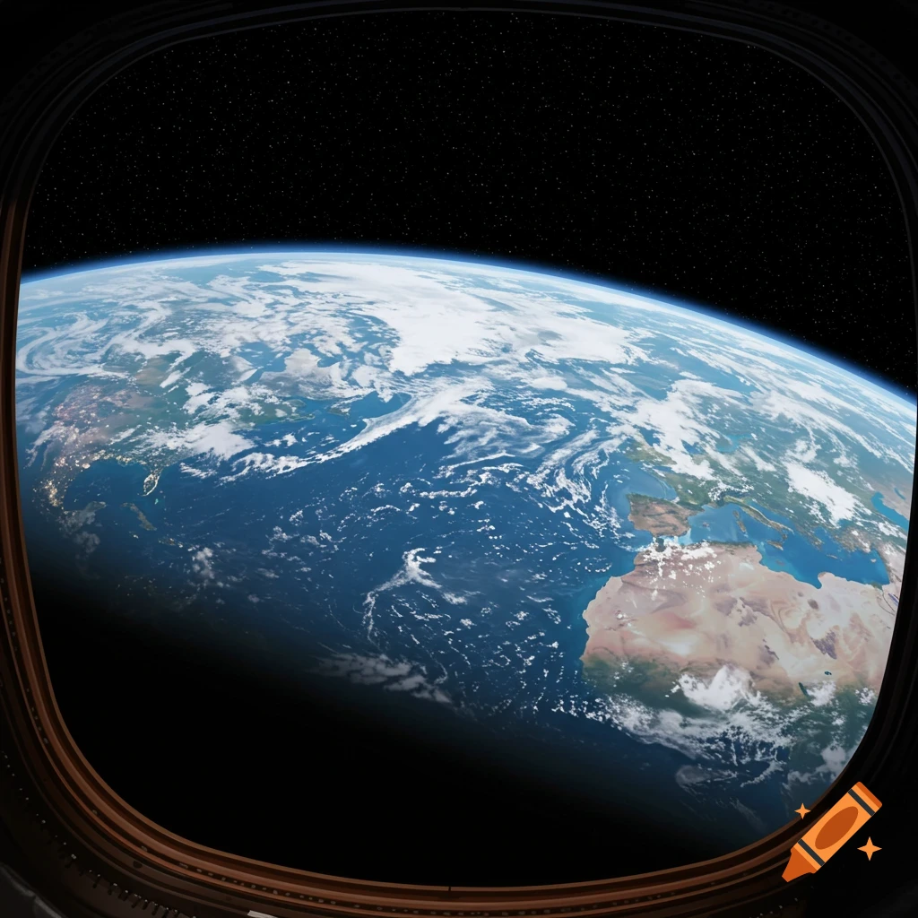 View of Earth from a spaceship window, showing continents, clouds, and oceans against a star-filled black space.