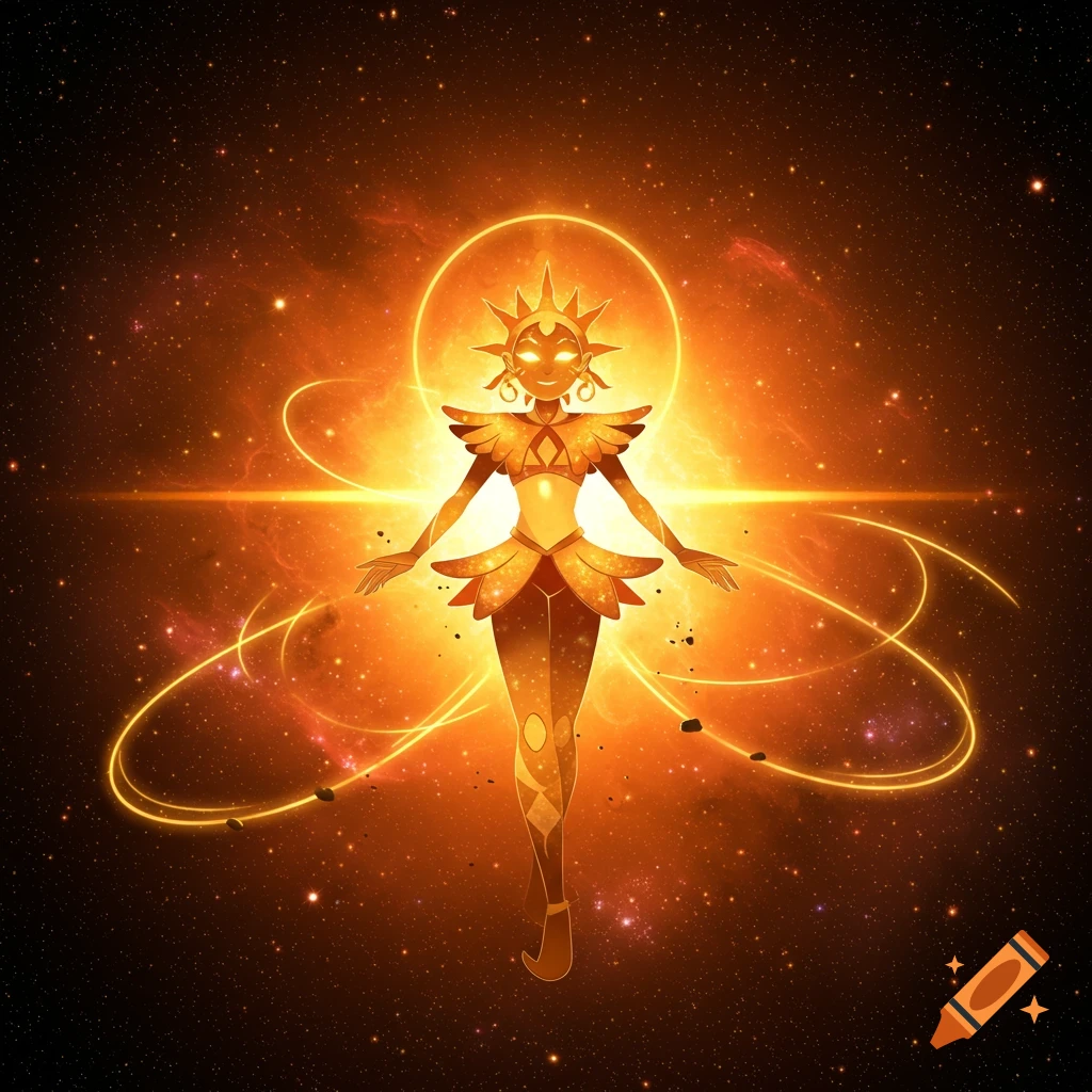 A stylized golden figure with a sun-like headpiece glows brightly against a dark, starry cosmic background with swirling orange light.