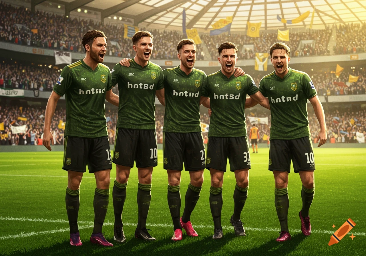 Five male football players in green and black uniforms stand arm-in-arm on a pitch in a full stadium, cheering.