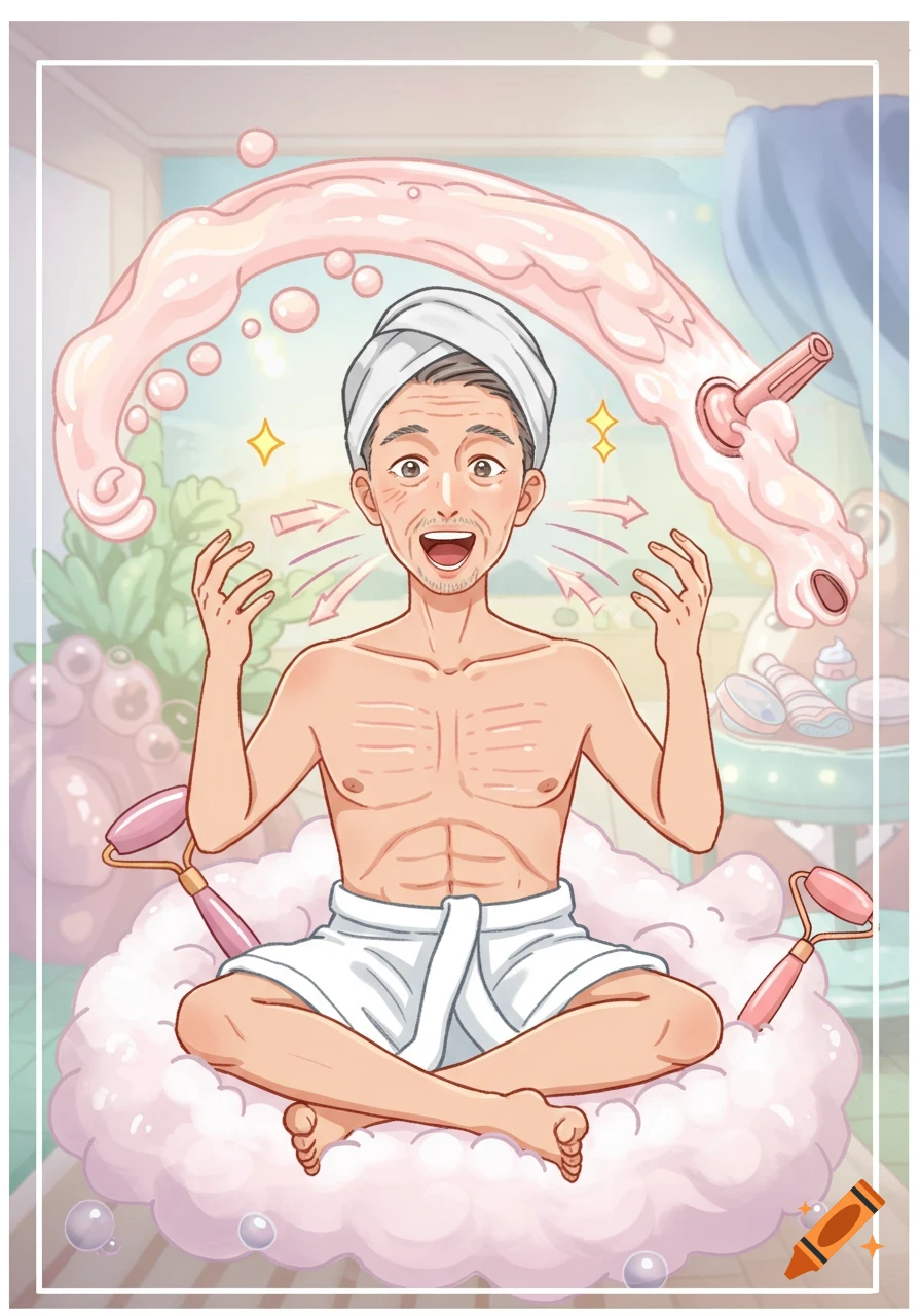 Cartoon man with a towel on his head and waist, enthusiastically undergoing a face skin reforming routine with pink liquid and facial rollers.