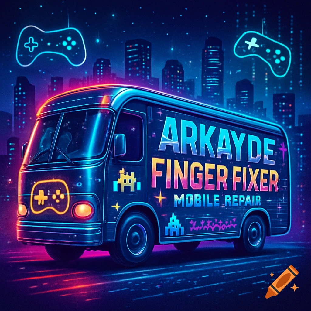A neon-lit 'Arkayde Finger Fixer' mobile repair bus drives through a futuristic city at night with floating game controllers.