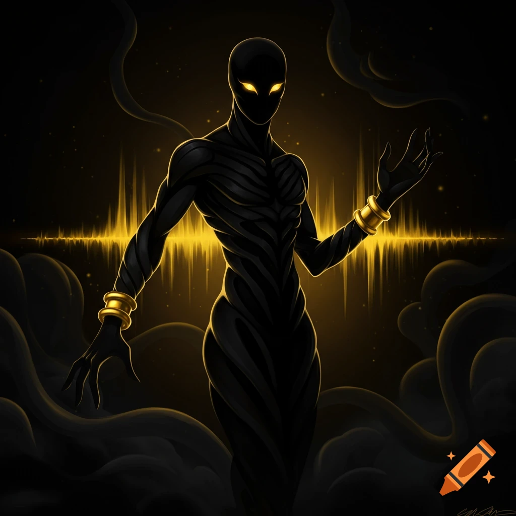 A stylized black humanoid figure with glowing gold eyes, gold wristbands, and a ribbed body, standing before a vibrant golden sound wave and dark wisps.