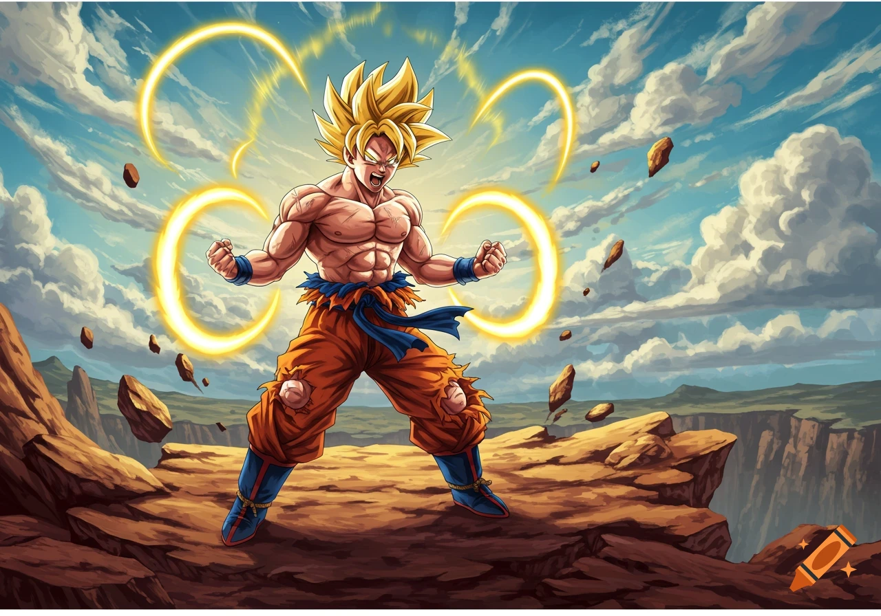 Goku in Super Saiyan form stands shirtless on a rocky cliff with glowing energy auras and flying debris against a cloudy sky, in anime style.