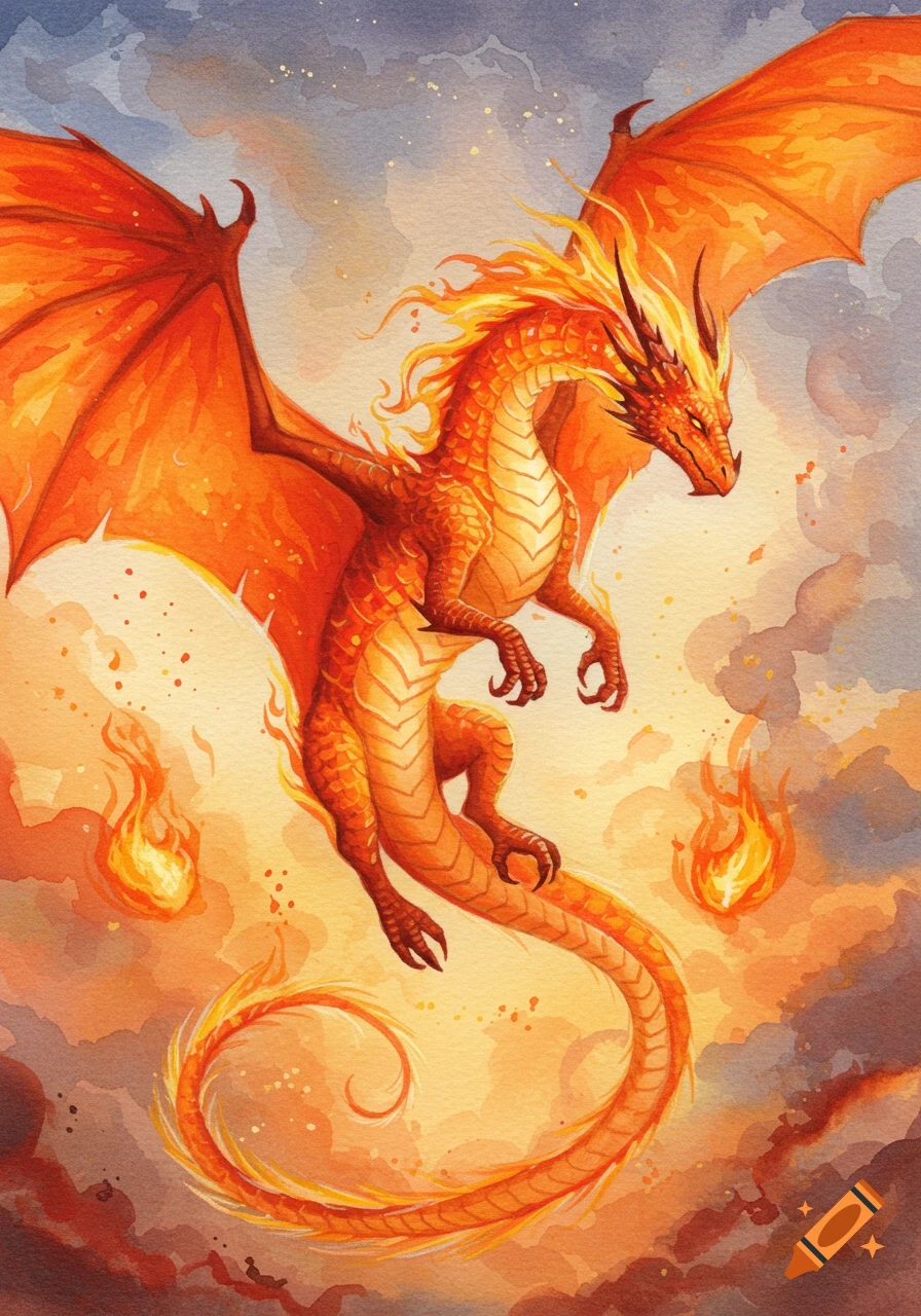 A vibrant watercolor painting of an orange and yellow fire dragon with large wings, flying through a smoky, fiery sky.
