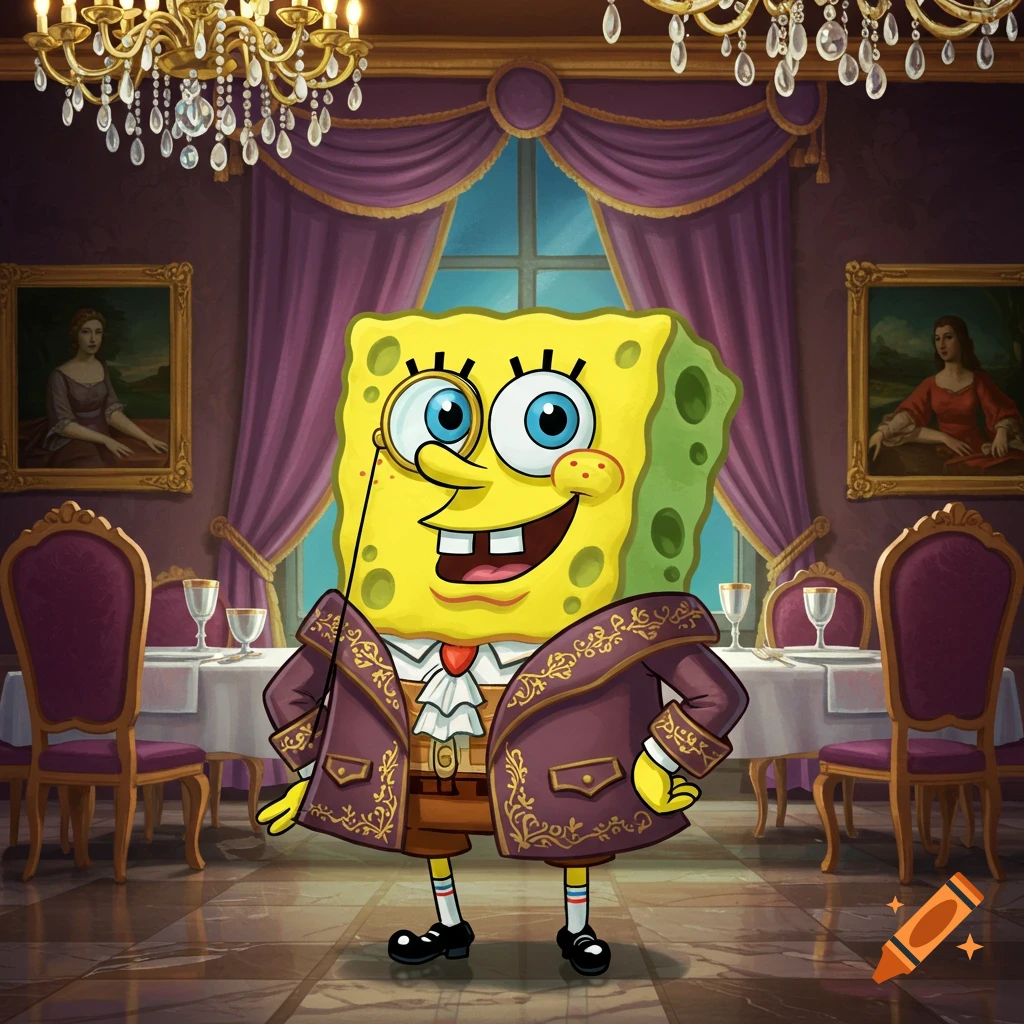 Spongebob Squarepants in a purple and gold embroidered suit with a monocle stands in a lavish dining room.