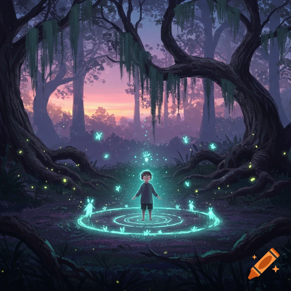 A child stands in a glowing magic circle amidst a dark, ethereal forest with fireflies, under a vibrant sunset sky.