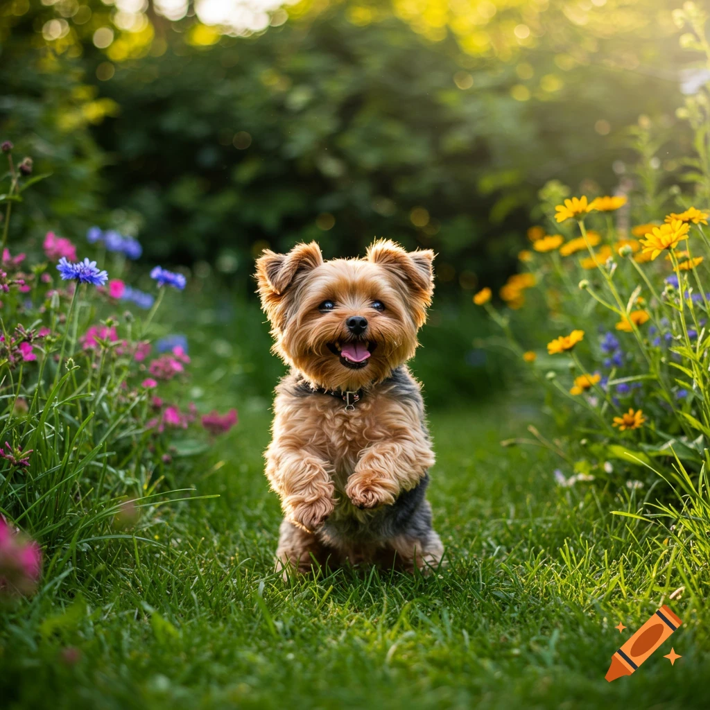 A happy Yorkshire Terrier standing on its hind legs in a vibrant wildflower field at sunset, photorealistic.