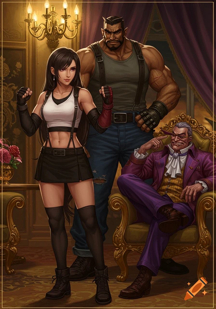 Tifa Lockhart, Barret Wallace, and Don Corneo from Final Fantasy VII in a richly decorated room, anime art style.