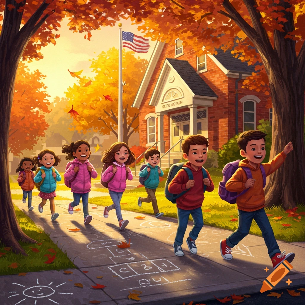 Cartoon illustration of diverse children with backpacks happily running towards a school building on a sunny autumn day.
