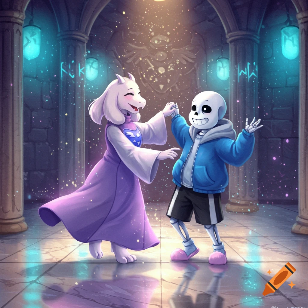 Sans, a skeleton, and Toriel, a goat-like monster, dance in a magical, sparkling hall. Digital art.