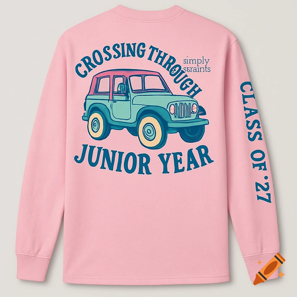 A pink long-sleeve shirt featuring a teal and red cartoon jeep. Text on the back reads "CROSSING THROUGH JUNIOR YEAR" and "simply ssiaints". The sleeve says "CLASS OF '27".