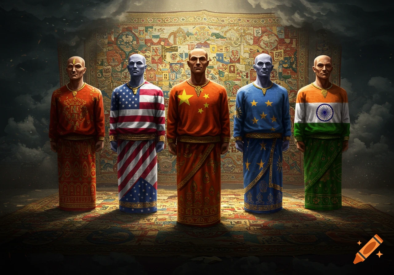 Five robed figures representing countries like the USA, China, EU, and India stand before a large patterned tapestry.