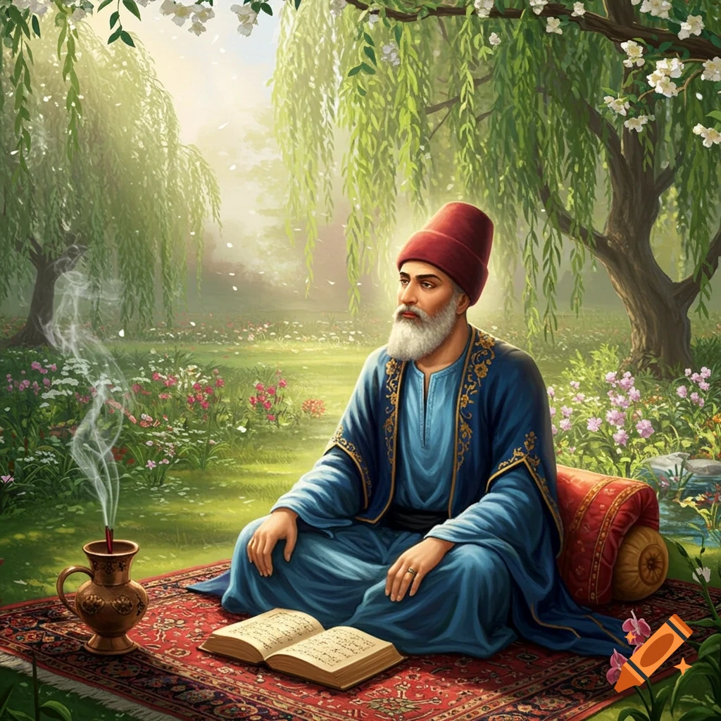A bearded man in a blue robe and red hat sits on a Persian rug in a lush garden with an open book and smoking incense burner.