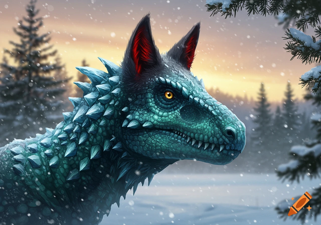 A detailed fantasy creature with teal dinosaur scales, ice spikes, and black and red wolf ears, standing in a snowy winter forest at sunset.