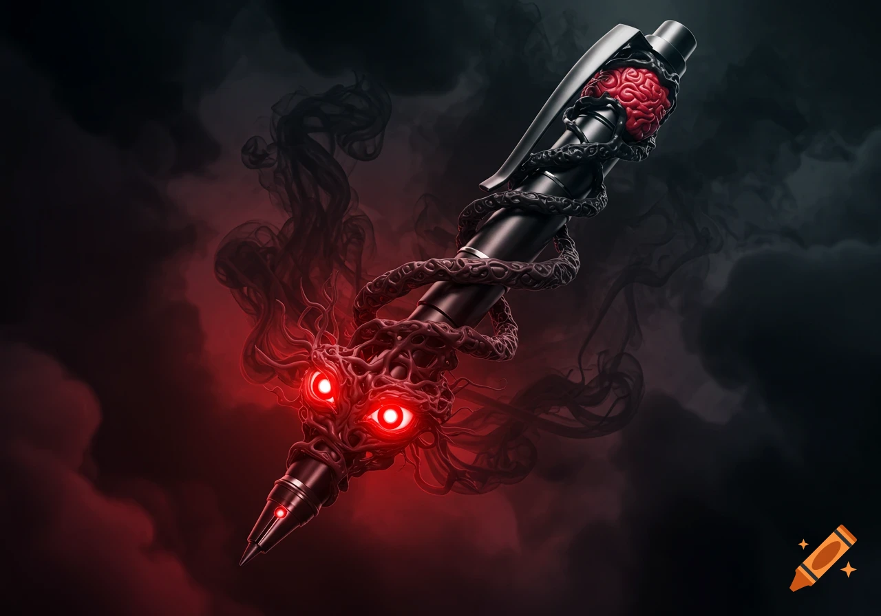 A stylized dark pen with glowing red eyes and a brain, wrapped in sinister organic tendrils on a smoky red and black background.