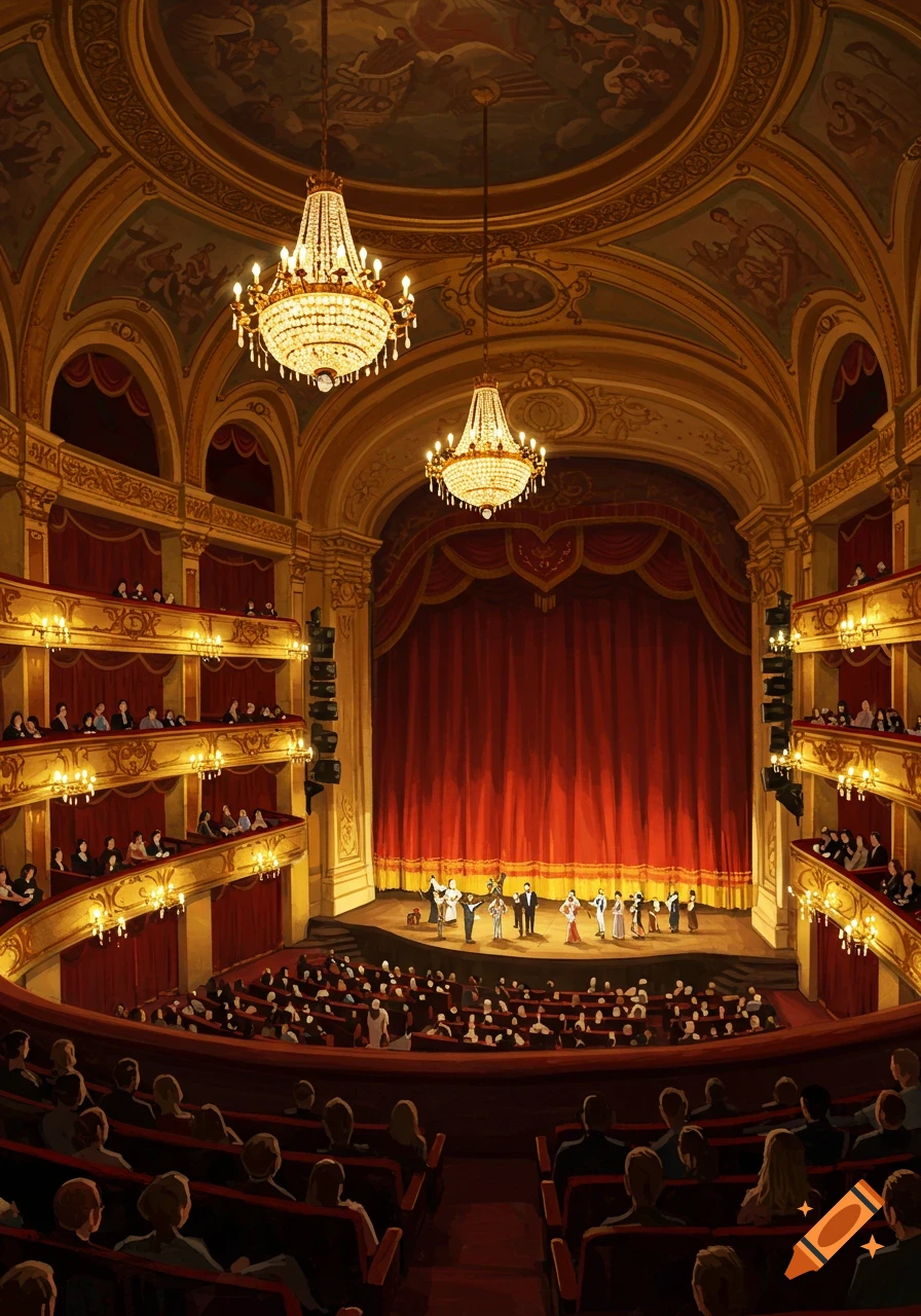 A grand, ornate theatre interior with a stage, red curtains, sparkling chandeliers, tiered balconies, and an audience watching performers.