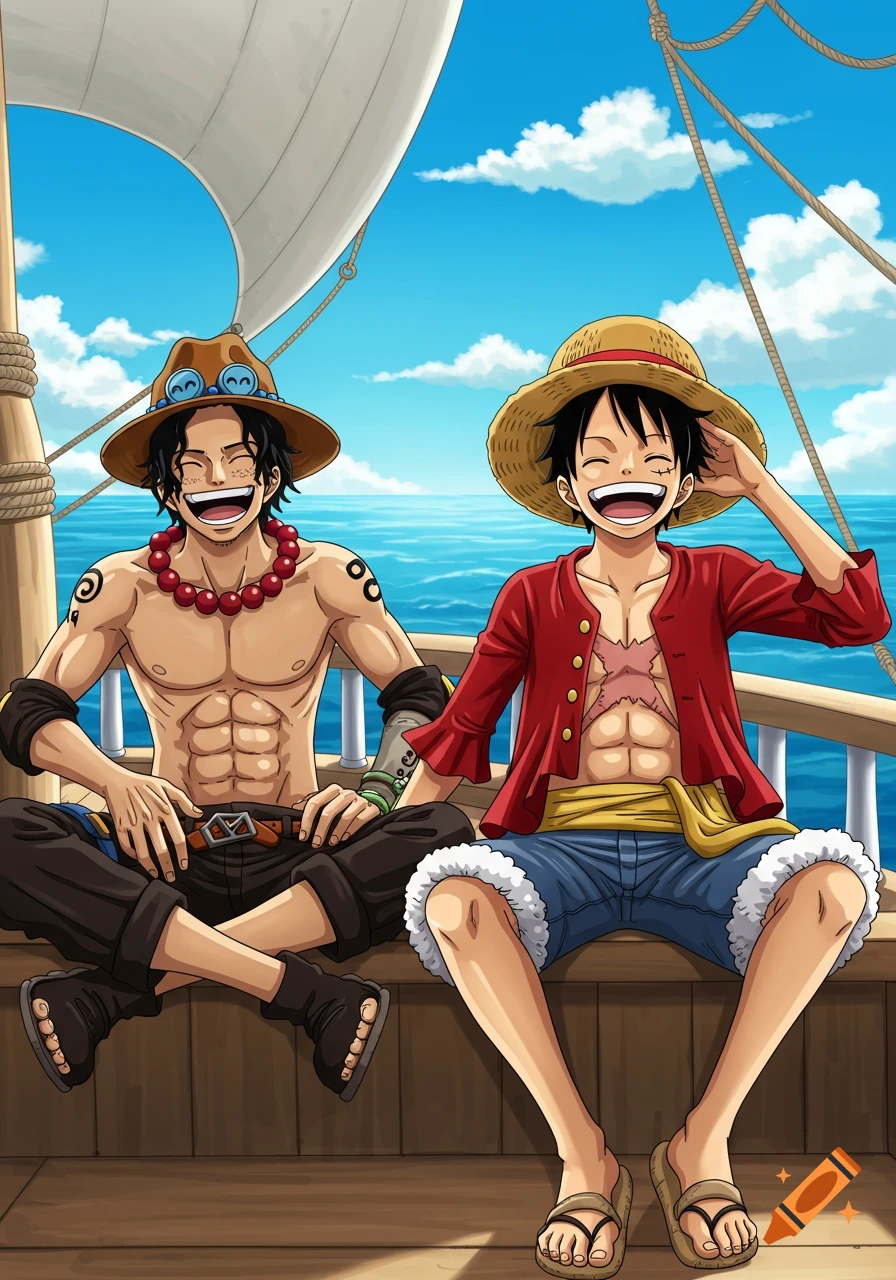Portgas D. Ace and Monkey D. Luffy laughing on a ship deck in vibrant anime style, ocean and sky visible.