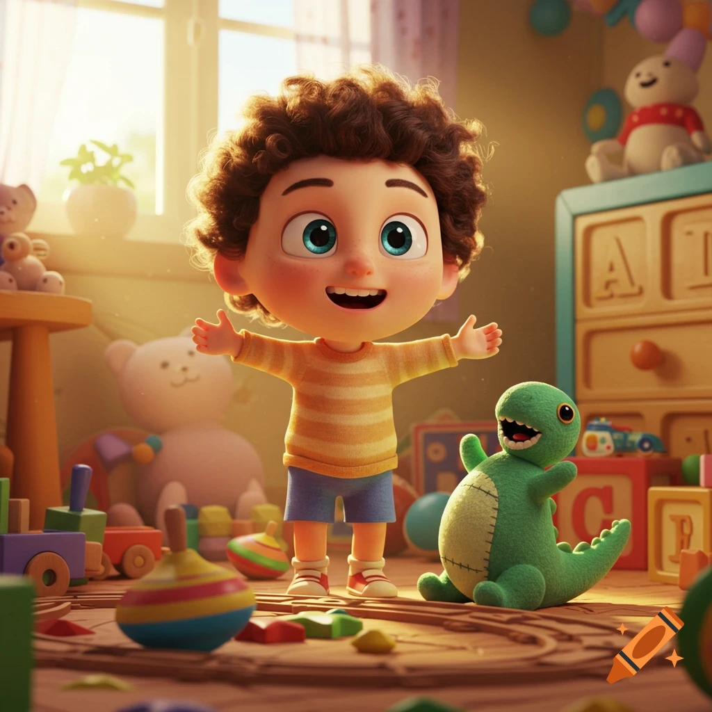 Happy cartoon child with curly hair and blue eyes stands in a sunny playroom filled with colorful toys and a green stuffed dinosaur.
