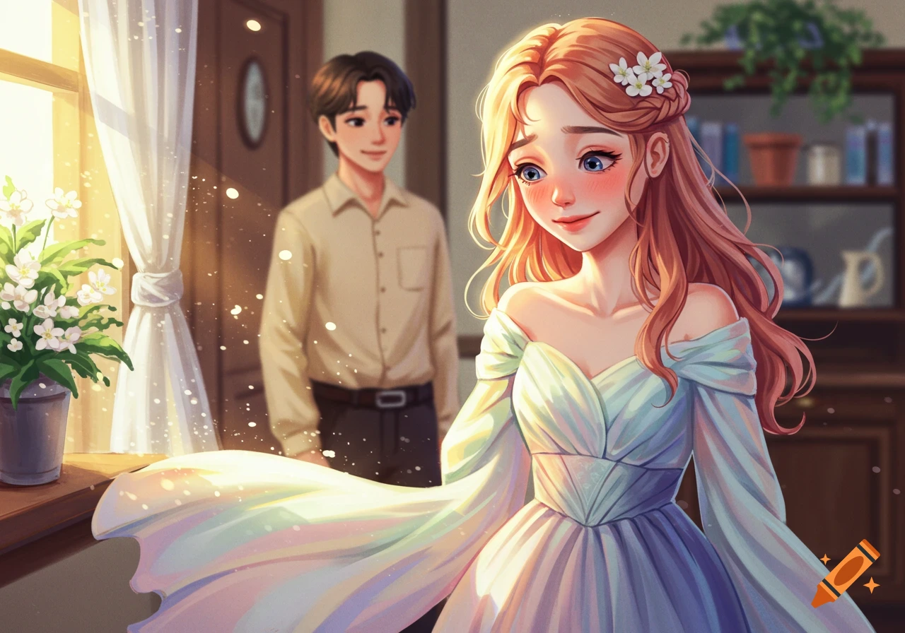 Anime illustration of a blushing woman in a light dress and a man in a room with a sunlit window.