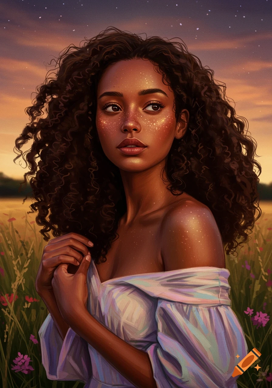 A beautiful brown-skinned woman with curly hair and glittery freckles stands in a field at sunset, looking left. Digital painting.