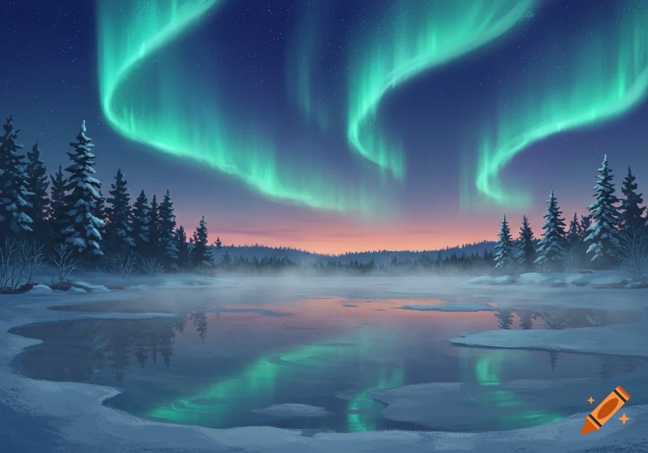 A serene winter landscape at dusk with vibrant green northern lights illuminating a frozen lake surrounded by snow-covered evergreen trees.