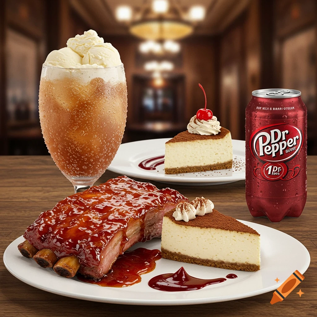 A plate of BBQ ribs, two cheesecake slices, an ice cream float, and a Dr. Pepper can on a wooden table in a restaurant setting.