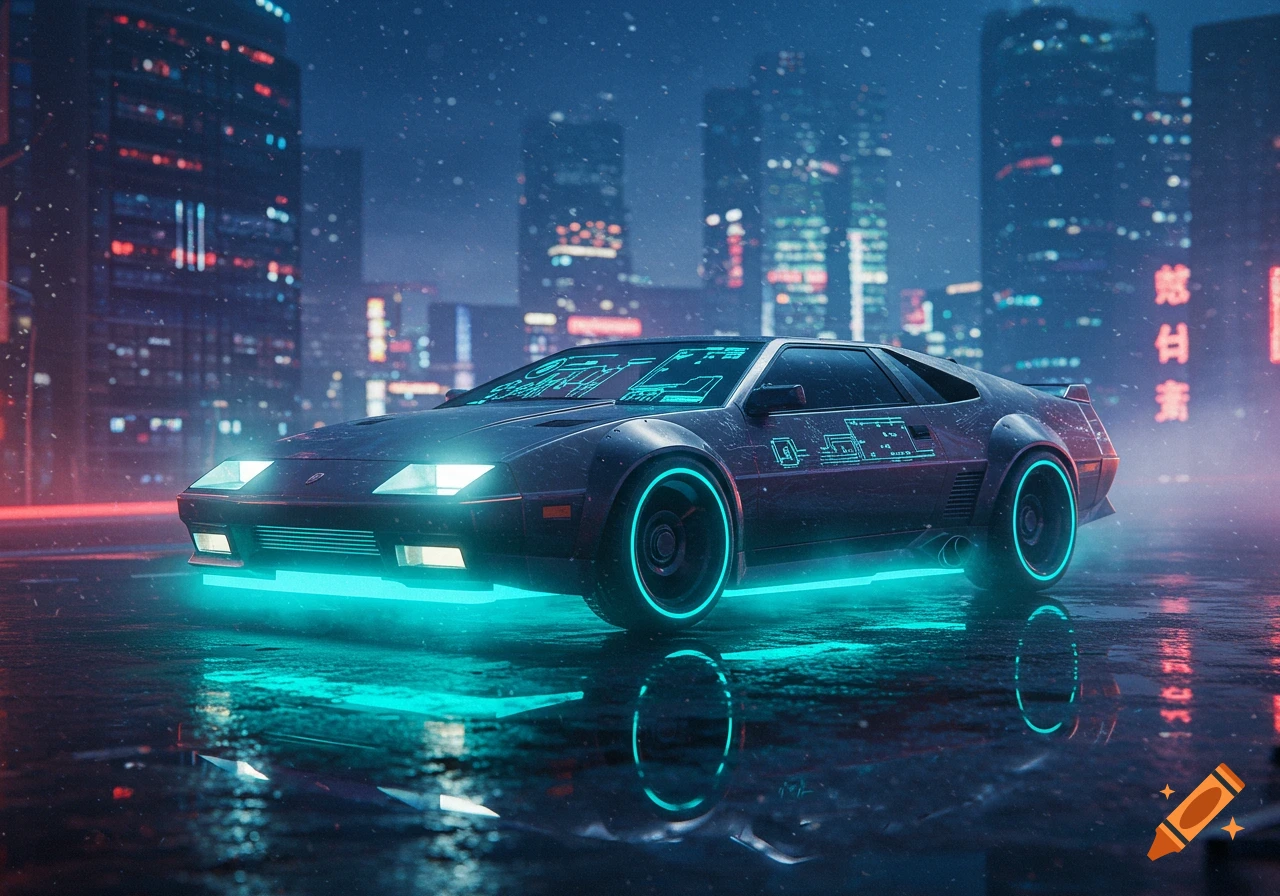A futuristic black car with glowing neon blue lights on a wet street in a rainy cyberpunk city at night, with illuminated buildings.