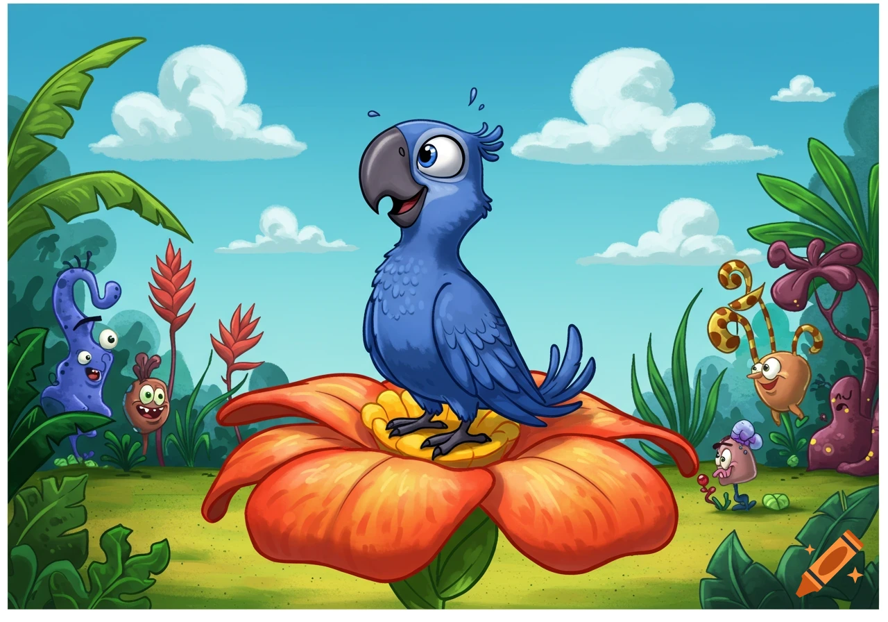 A cheerful blue parrot stands on a large orange flower in a vibrant cartoon jungle with quirky creatures.