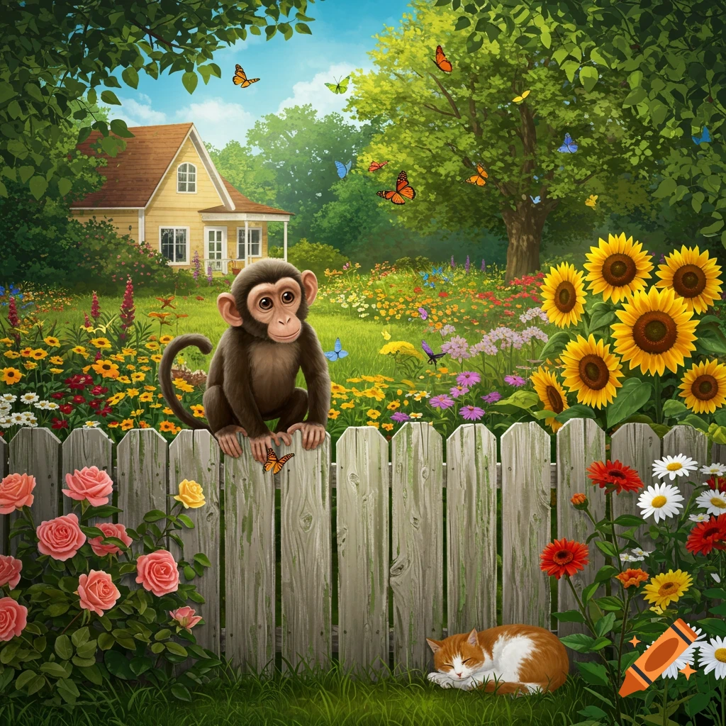 A charming illustration of a baby monkey on a white picket fence in a vibrant garden with a yellow house, sunflowers, roses, and a sleeping cat.