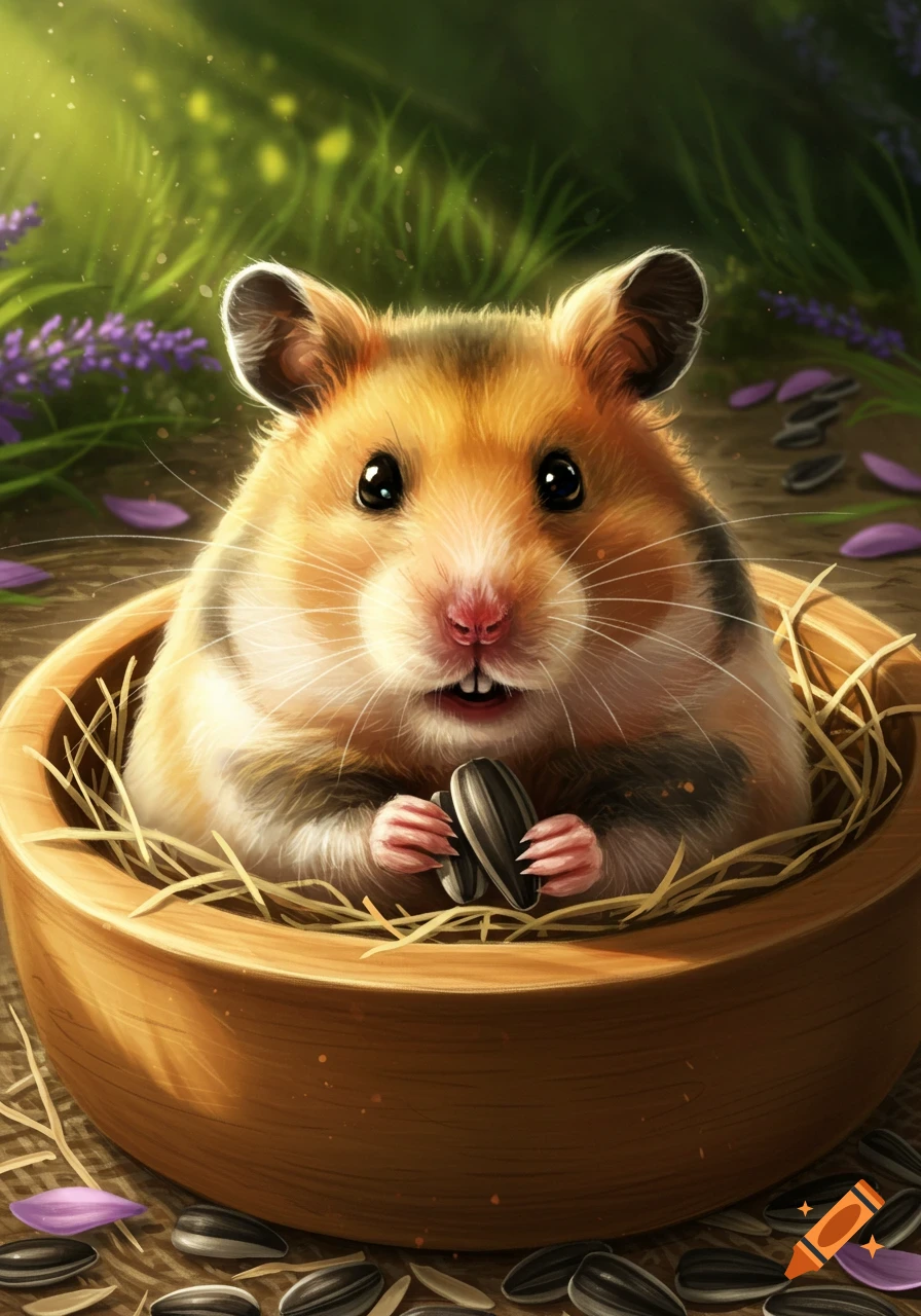 A cute, fluffy hamster sits in a wooden bowl filled with hay, eating sunflower seeds, in a detailed digital art style.