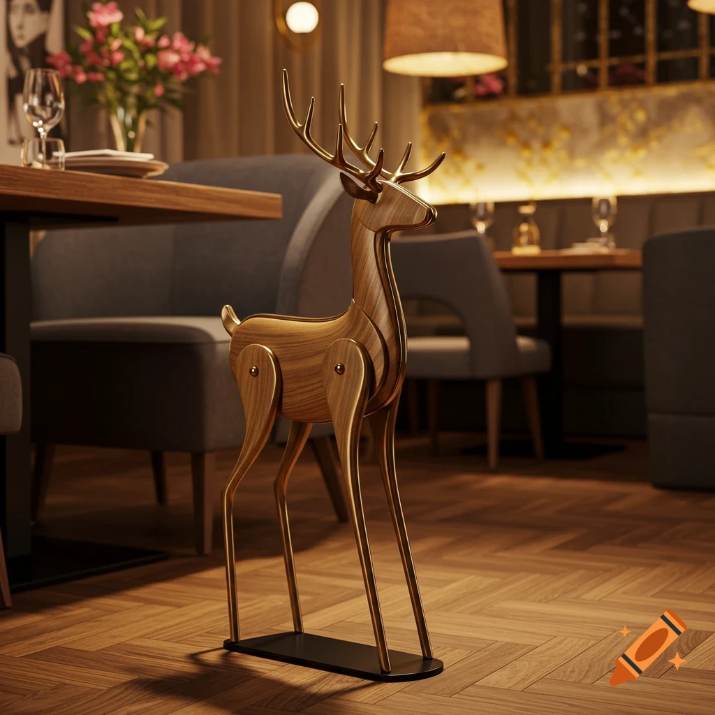 A stylish wooden and metal deer-shaped handbag holder stands on a wooden floor in a modern, cozy restaurant.