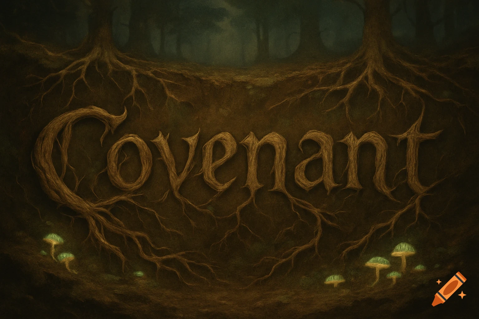 Stylized tree roots spelling 'Covenant' underground in a dark forest, with glowing mushrooms.