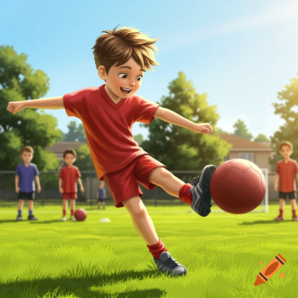Cartoon illustration of a young boy in a red uniform kicking a red soccer ball on a sunny grass field with other children.
