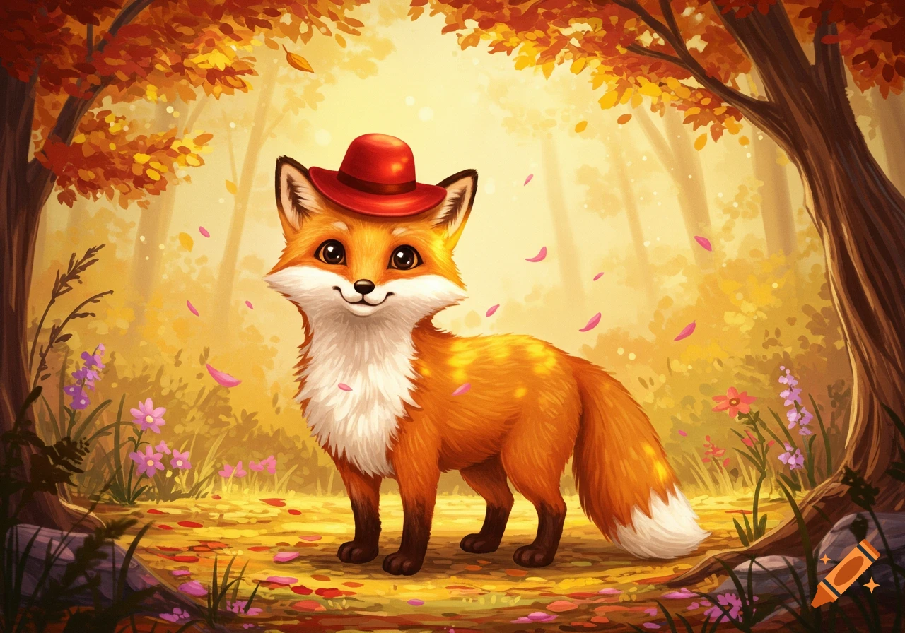 A cute, orange cartoon fox wearing a red hat stands in an autumnal forest with falling leaves.