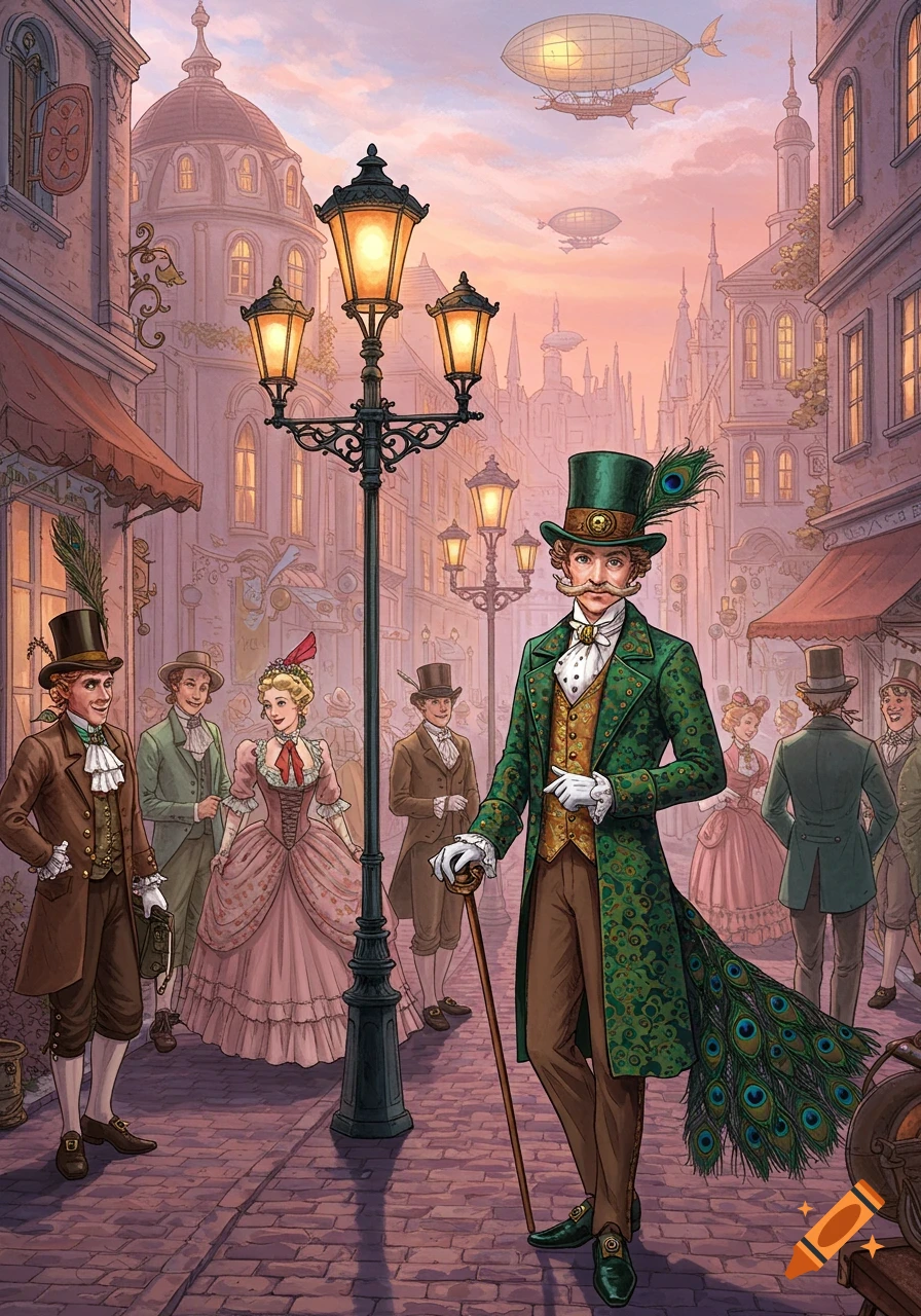A dandy man in a green peacock-feathered coat and top hat stands on a cobblestone street in a fantasy city with airships.