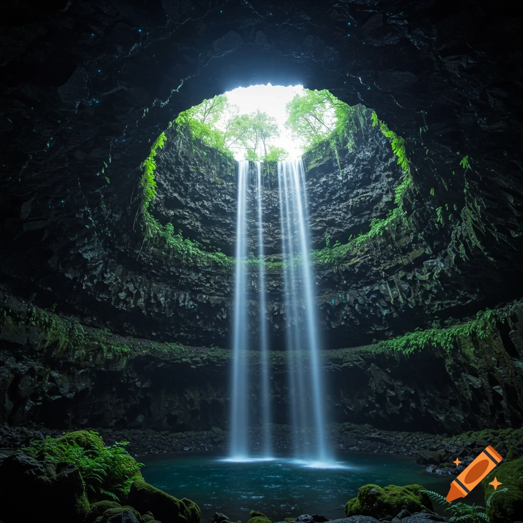 Photorealistic view of a waterfall cascading from a light-filled opening into a serene pool inside a dark, mossy cave.
