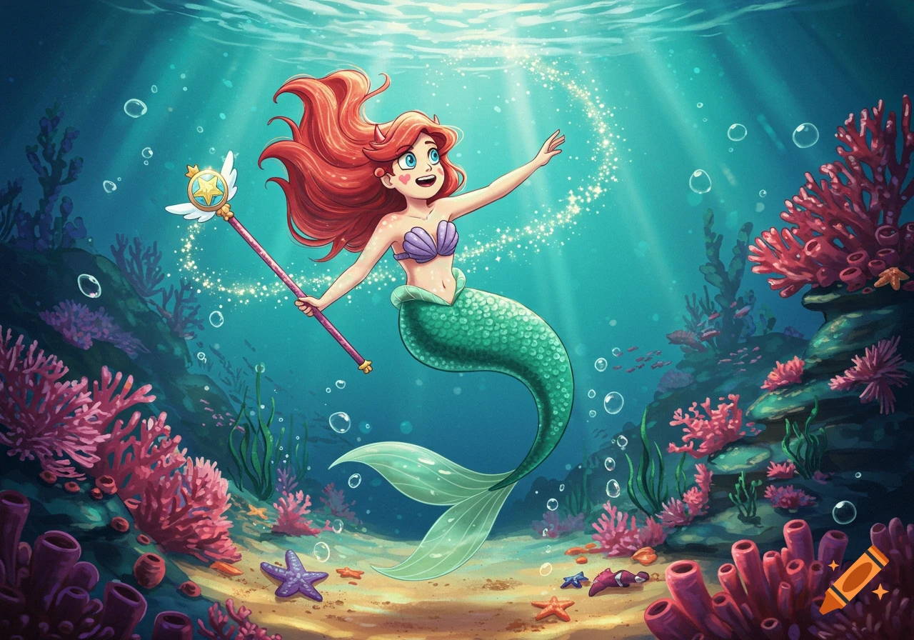 A vibrant cartoon mermaid with flowing red hair and a green tail holds a star-topped wand, swimming happily in a colorful coral reef.