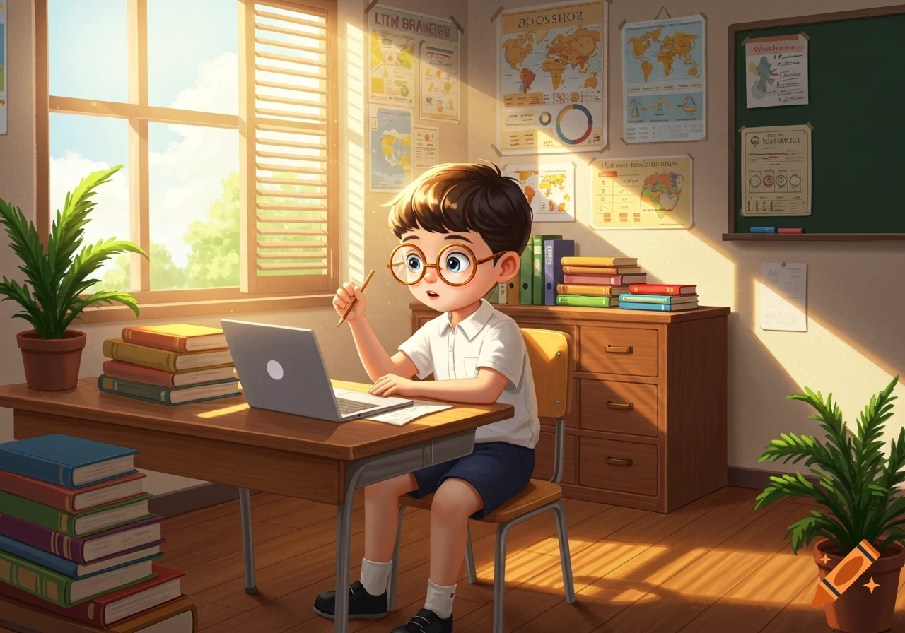 A young boy with glasses sits at a desk with a laptop, pencil, and books in a sunny classroom, filled with posters and plants.
