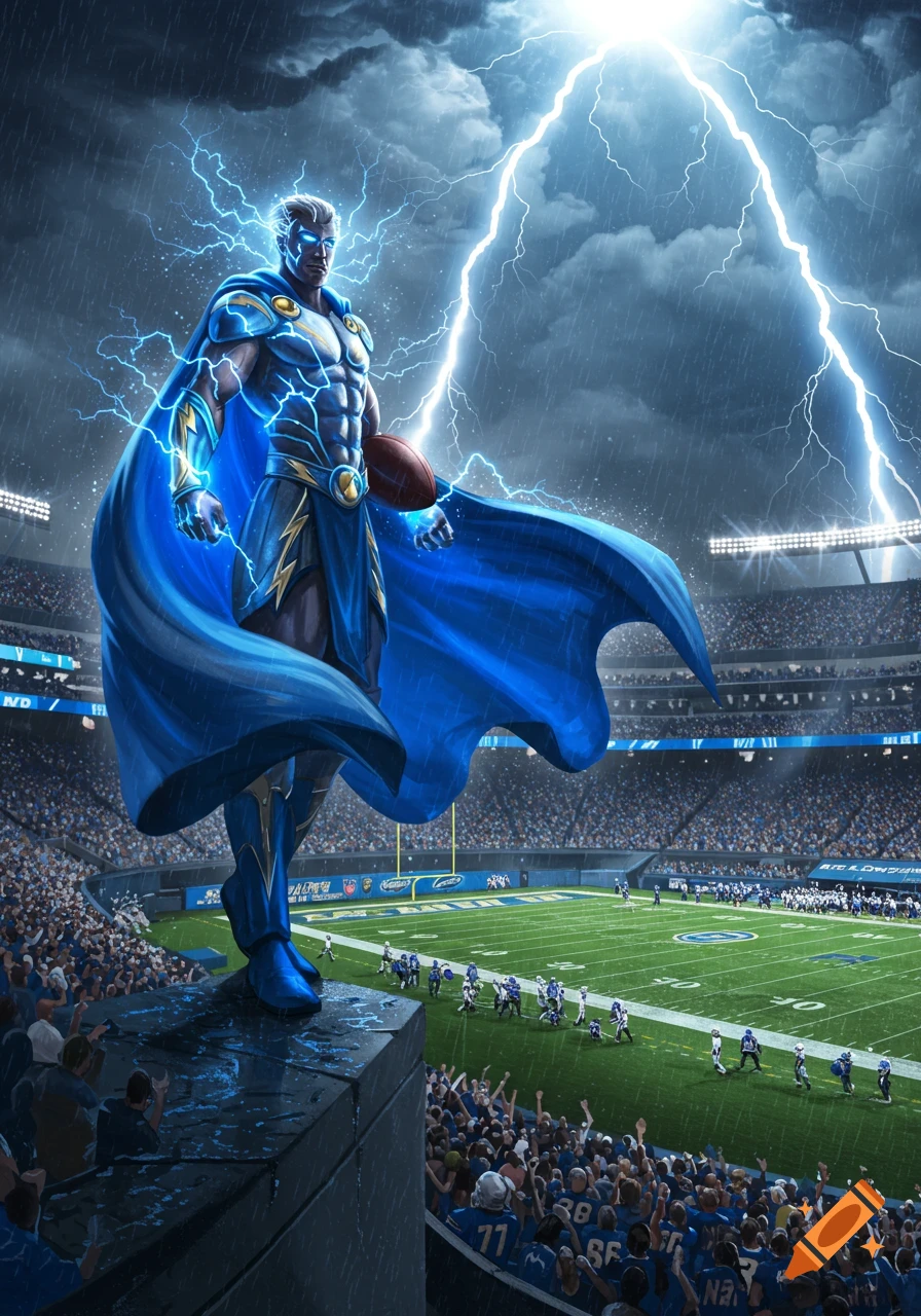 A powerful lightning god in blue armor and cape holds a football, standing on a stadium wall above a crowd, with lightning striking the field during a stormy football game.