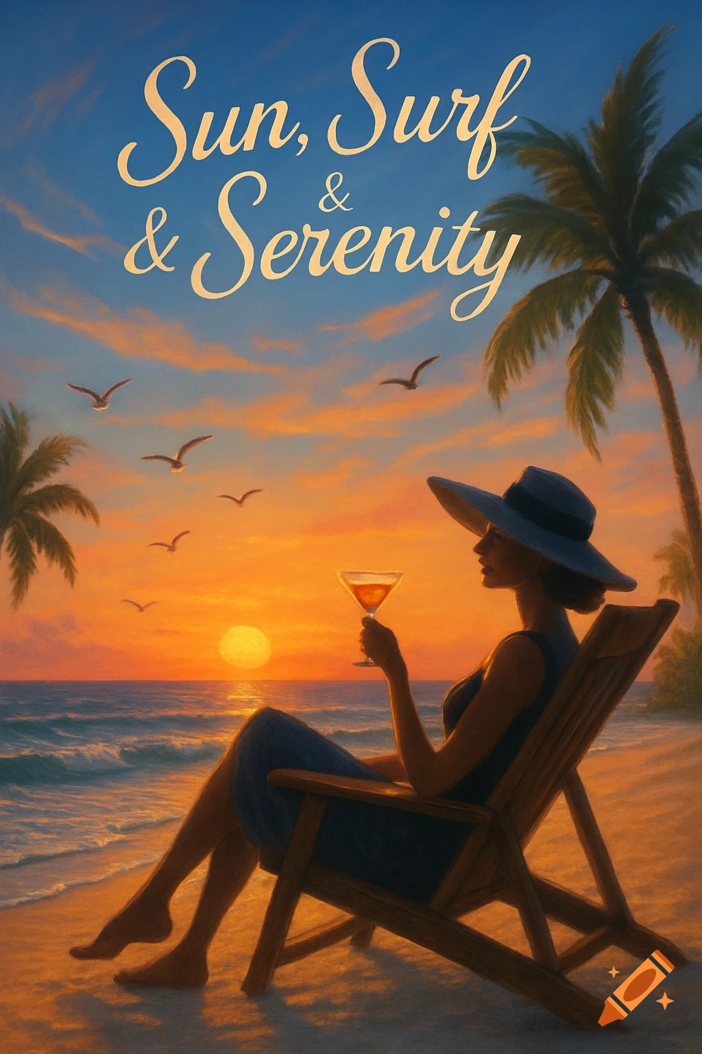 A woman in a sun hat sits on a beach chair, sipping a cocktail while watching a vibrant sunset over the ocean. Text: Sun, Surf & Serenity.