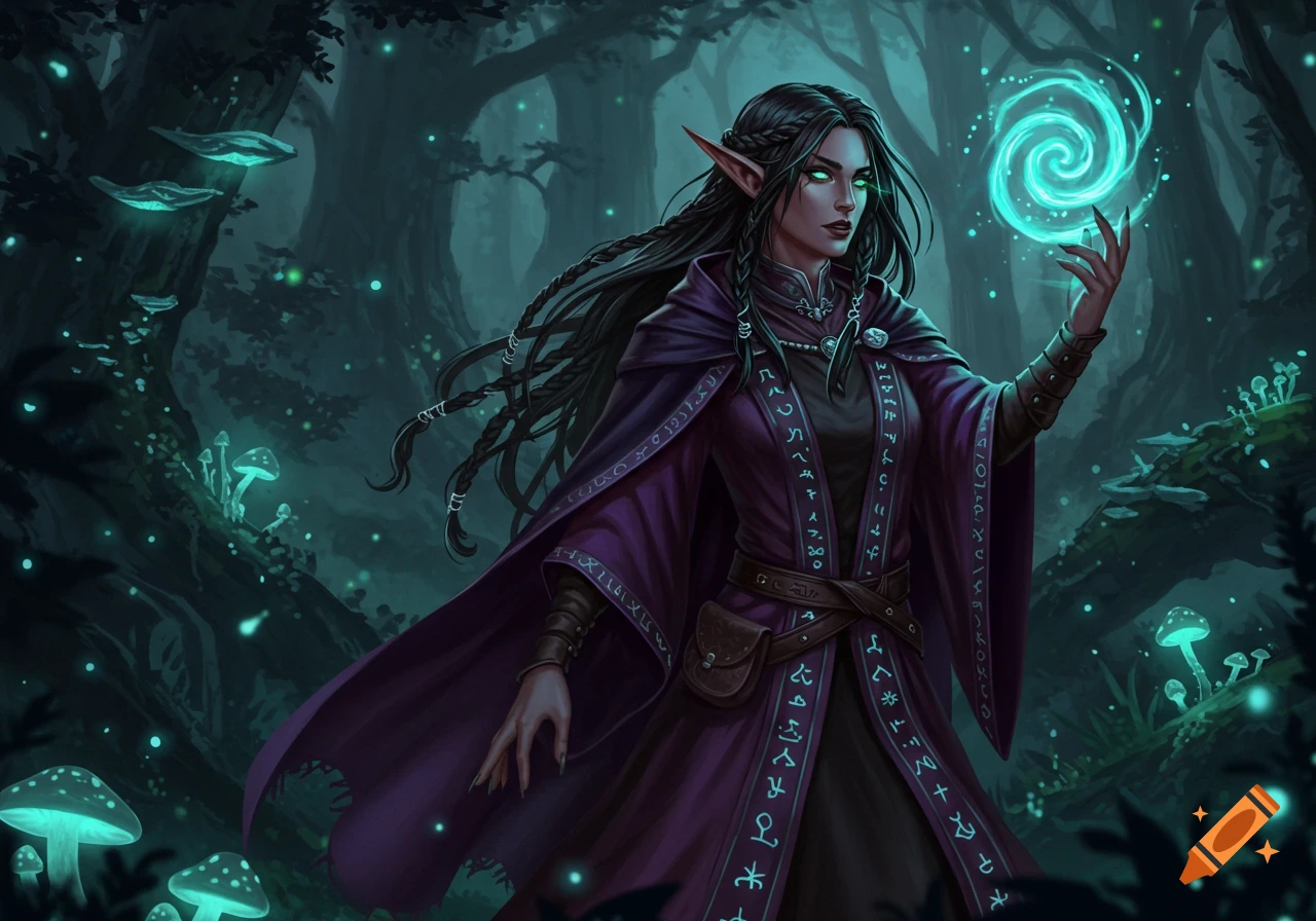 Dark-haired female half-elf warlock with green eyes casting a swirling teal magic orb in an enchanted glowing mushroom forest.
