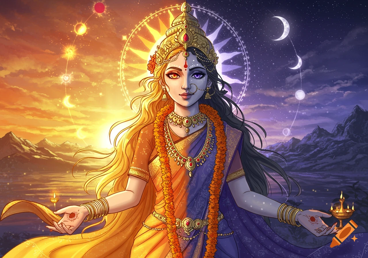 An anime-style Indian goddess split into sun and moon halves, with a golden sunlit side and a purple moonlit side, holding symbolic lamps.