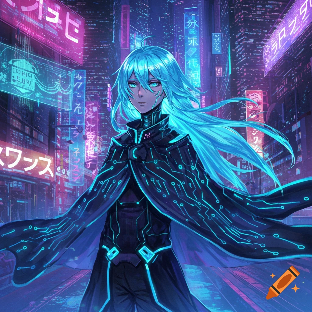 Anime character with glowing blue hair and a circuit-patterned cloak stands in a neon-lit cyberpunk city.