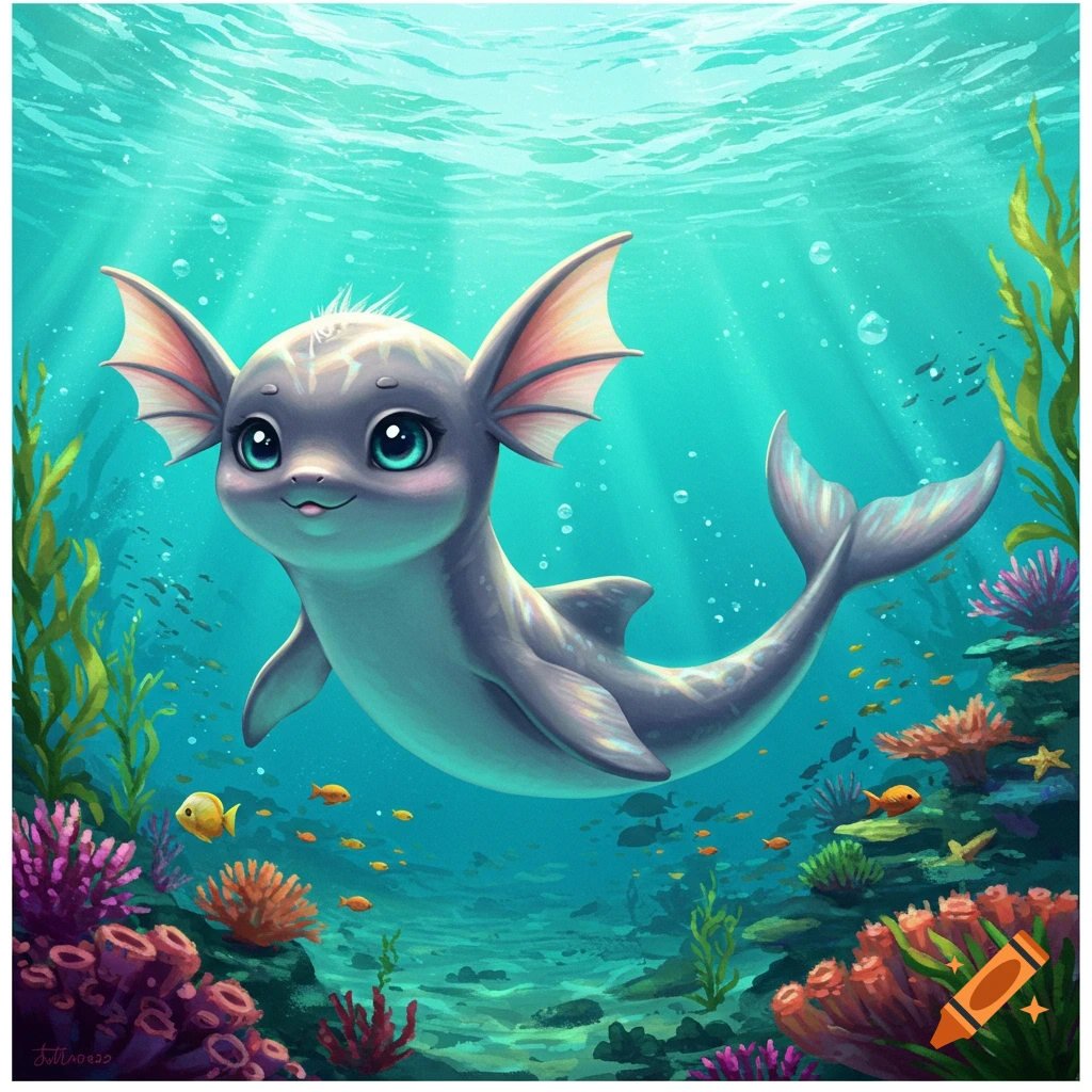 A cute, grey, cartoon-style sea creature with large ears and blue eyes swims above a colorful coral reef in clear blue water.