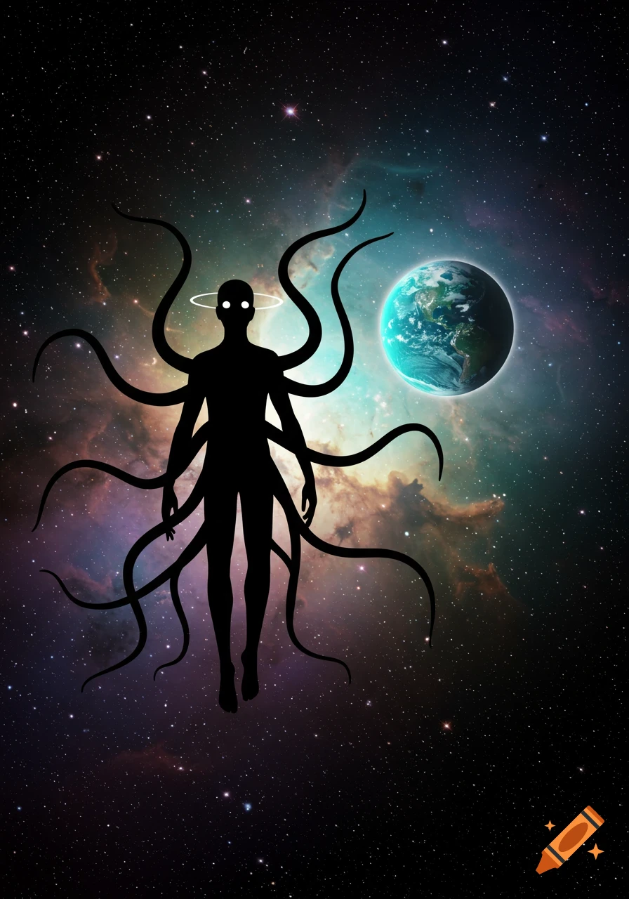 A shadowy, tentacled cosmic figure with glowing eyes and a halo floats in a colorful galaxy next to a blue planet.